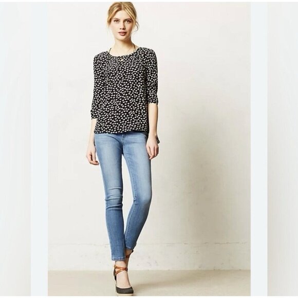 Maeve Anthropologie Linosa Heart Blouse 3/4 Sleeves Black White Silk Back Zip M - Picture 3 of 9